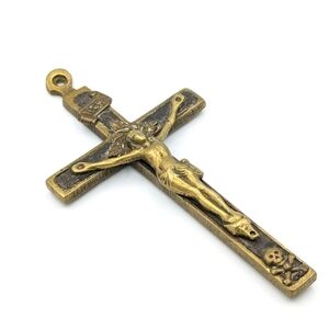 Antique Pectoral Crucifix Large Cross Pendant Brass Wood Inlay